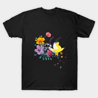 yellow bird and colorful flowers abstract art T-Shirt